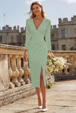 Ivory Bodycon Ruched V Neck Midi Engagement Dress with Slit