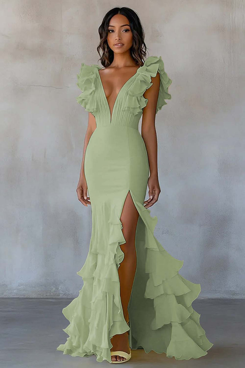 Load image into Gallery viewer, Yellow V-Neck Mermaid Ruffles Formal Dress with Slit