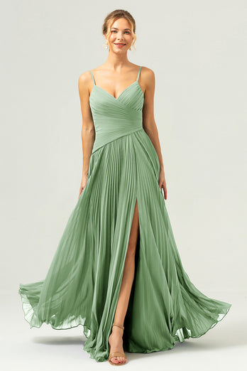 A-Line Spaghetti Straps Pleated Chiffon Eucalyptus Bridesmaid Dress with Slit