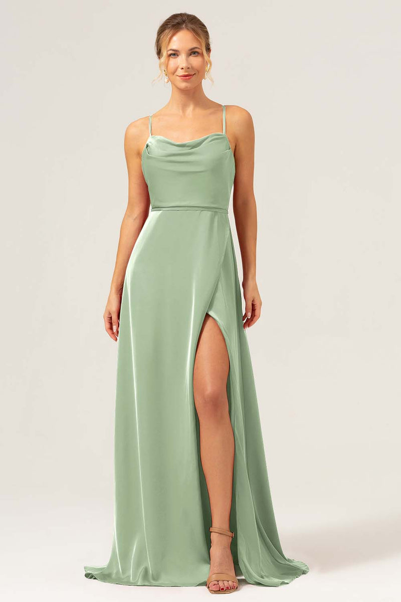 Load image into Gallery viewer, Dusty Blue A Line Spaghetti Straps Backless Satin Long Bridesmaid Dress with Slit