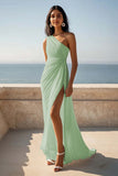 One Shoulder Ruched Ivory Maxi Sheath Beach Engagement Dress with Slit