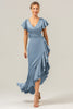 Load image into Gallery viewer, Olive A Line V Neck Satin Asymmetrical Bridesmaid Dress with Ruffle Slit