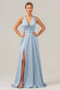 Load image into Gallery viewer, Pink A Line V-Neck Backless Satin Long Bridesmaid Dress with Slit