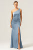 Load image into Gallery viewer, Olive Mermaid One Shoulder Backless Satin Long Bridesmaid Dress