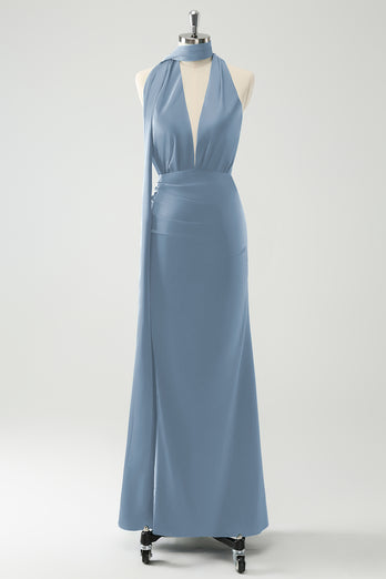 Peacock Sheath Halter Backless Bridesmaid Dress with Slit