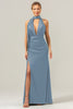 Load image into Gallery viewer, Peacock Sheath V-Neck Backless Long Bridesmaid Dress with Slit