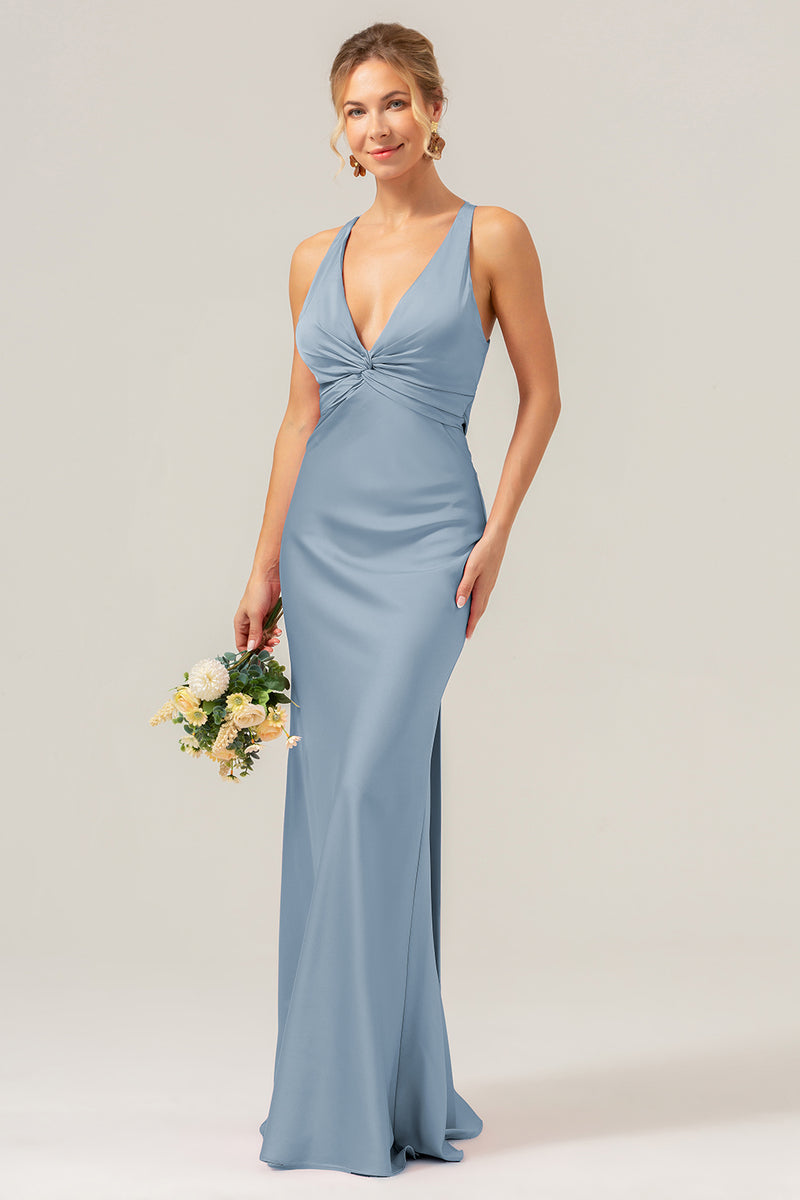 Load image into Gallery viewer, Pink Mermaid V Neck Ruched Satin Long Bridesmaid Dress with Lace Up Back