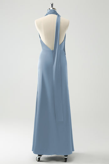 Peacock Sheath Halter Backless Bridesmaid Dress with Slit