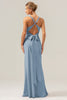 Load image into Gallery viewer, Pink Mermaid V Neck Ruched Satin Long Bridesmaid Dress with Lace Up Back