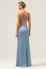 Load image into Gallery viewer, Olive Mermaid One Shoulder Backless Satin Long Bridesmaid Dress