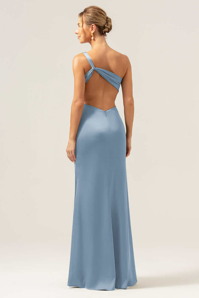 Load image into Gallery viewer, Olive Mermaid One Shoulder Backless Satin Long Bridesmaid Dress