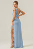 Load image into Gallery viewer, Lime Sheath Deep V Neck Backless Long Bridesmaid Dress with Ruffle Slit