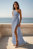One Shoulder Ruched Ivory Maxi Sheath Beach Engagement Dress with Slit