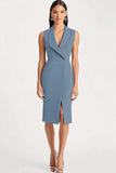 Sky Blue Shawl Lapel Satin Knee-Length Work Dress with Slit
