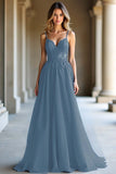 A Line Dark Blue Spaghetti Straps Sweetheart Long Prom Dress