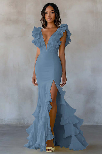 Yellow V-Neck Mermaid Ruffles Formal Dress with Slit
