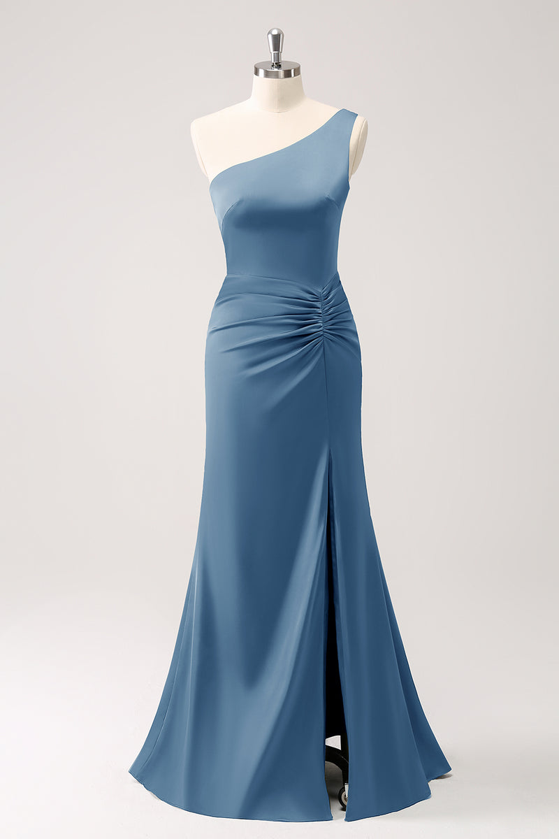 Load image into Gallery viewer, Olive One Shoulder Mermaid Satin Long Bridesmaid Dress