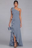 One Shoulder Black Sheath Long Evening Dress with Ruffle Slit