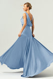 Ink Blue A Line V-Neck Satin Long Bridesmaid Dress with Slit