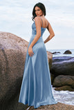 Spaghetti Straps Satin Keyhole Ink Blue Bridesmaid Dress