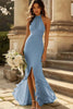 Load image into Gallery viewer, Halter Dusty Sage Mermaid Ruffles Chiffon Bridesmaid Dress