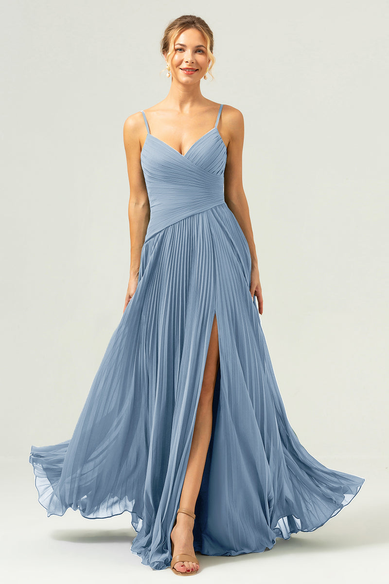 Load image into Gallery viewer, A-Line Spaghetti Straps Pleated Chiffon Eucalyptus Bridesmaid Dress with Slit