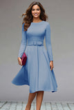 Lilac Round Neck A Line Midi Work Dress with Belt