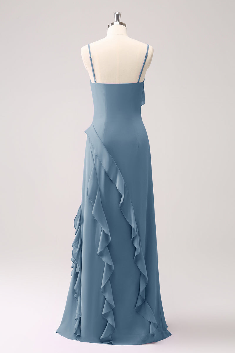 Load image into Gallery viewer, Tahiti Ruffle Spaghetti Straps Chiffon Long Bridesmaid Dress with Slit