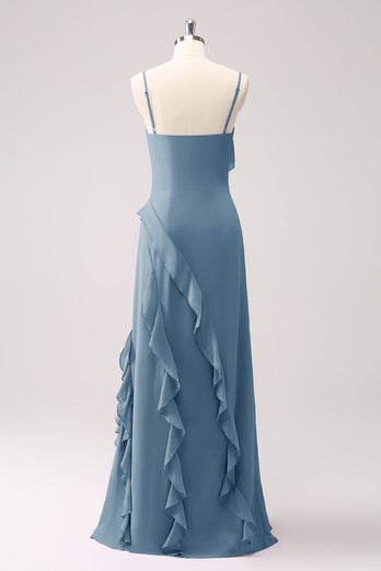 Tahiti Spaghetti Straps Chiffon Long Bridesmaid Dress with Ruffles