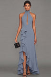 Black Halter Neck Sheath Ruffled Cut Out Long Evening Dress with Slit