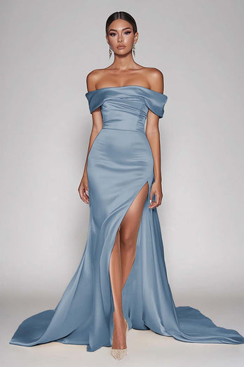 Champagne Off The Shoulder Satin Long Mermaid Formal Dress with Slit
