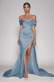 Champagne Off The Shoulder Satin Long Mermaid Formal Dress with Slit
