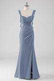 Sage Green Ruffled Sheath Lace-Up Back Long Bridesmaid Dress with Slit