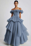 Dusty Sage Off The Shoulder A Line Ruffles Prom Dress
