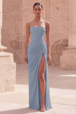Strapless Light Pink Sheath Ruched Long Prom Dress with Slit