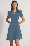 Navy Peak Lapel Double Breasted Satin Short Work Dress