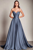 Navy Sweetheart Satin A Line Long Evening Dress
