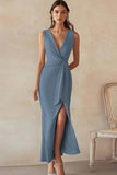 Sky Blue Satin V-Neck Long Formal Dress with Slit