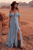 Ivory Off the Shoulder A Line Maxi Beach Wedding Dress with Ruffles