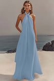 White Sheath Halter Chiffon Long Graduation Dress