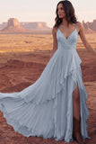 Ivory A Line Ruffled Spaghetti Straps Boho Wedding Dress with Slit