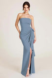 Sky Blue Mermaid Ruched Wedding Guest Dress With Slit