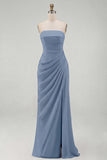 Strapless Light Pink Sheath Ruched Long Prom Dress with Slit