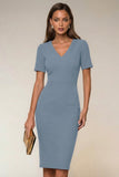 Bodycon Navy V-Neck Short Sleeves Midi Work Dress with Slit