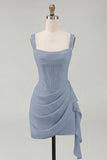 Ivory Corset Square Neck Ruched Bodycon Mini Graduation Dress with Ruffles