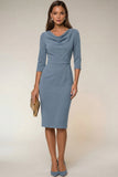 Cowl Neck Navy Bodycon 3/4 Sleeves Midi Work Dress