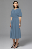 A Line Navy Ruched Round Neck Midi Work Dress