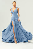 Ink Blue A Line V-Neck Satin Long Bridesmaid Dress with Slit