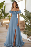 Off The Shoulder Blue A Line Formal Dress With Slit