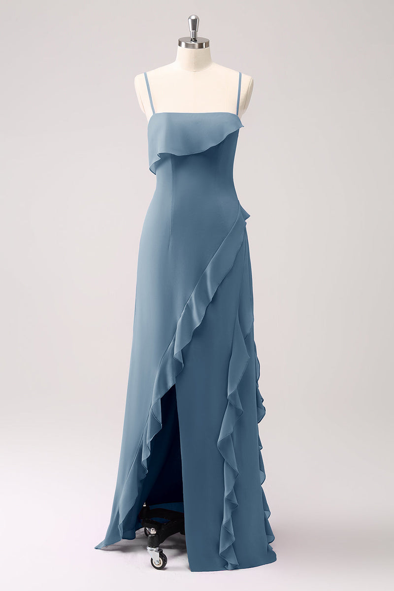 Load image into Gallery viewer, Tahiti Spaghetti Straps Chiffon Long Bridesmaid Dress with Ruffles